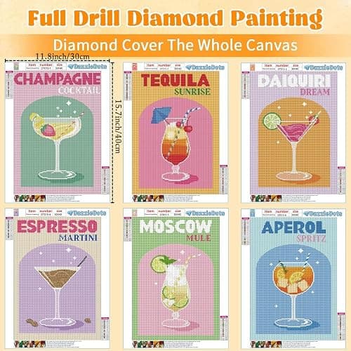 DAZZLEDOTS 6 Pack Diamond Art Kits for Adults, Cocktail Diamond Painting 5D Diamond Art Kits for Beginners Retro Cocktail DIY Full Drill Paint by Diamonds Dot Gem Art for Home Wall Decor 12x16Inch thumbnail 4