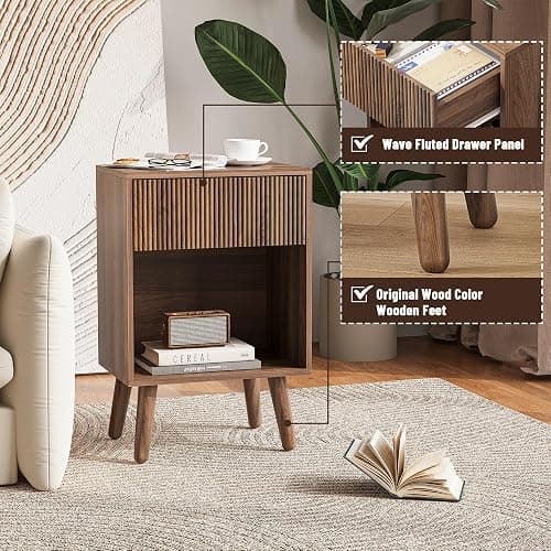 Nightstand, Modern Bedside Table with Storage Drawers and Open Wood Shelf, Night Stand with Solid Wood Legs, End Tables Side Tables for Living Room, Bedroom Walnut thumbnail 4