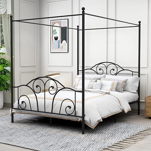 AUFANK Queen Size Four-Poster Metal Canopy Bed Frame with Headboard and Footboard Sturdy Slatted Structure No Box Spring Needed Black - Image 1