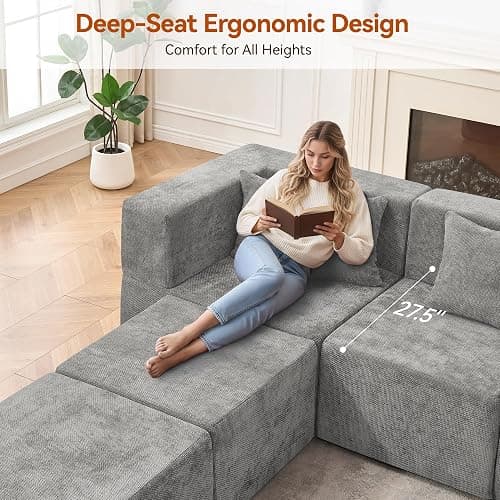 MONVANE Modular Sectional Cloud Couch for Living Room - 130'' 6 Seater Convertible Chenille Couches Set with Ottoman, No Assembly Compression Sofas, Comfy Floor Sofa with Memory Foam, Light Grey thumbnail 6