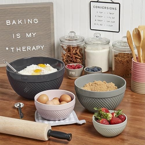 TTU Tabletops Gallery Hobnail Style 4 Piece Timeless Grey Stoneware Nesting Mixing Bowl Set for Baking and Cooking thumbnail 4
