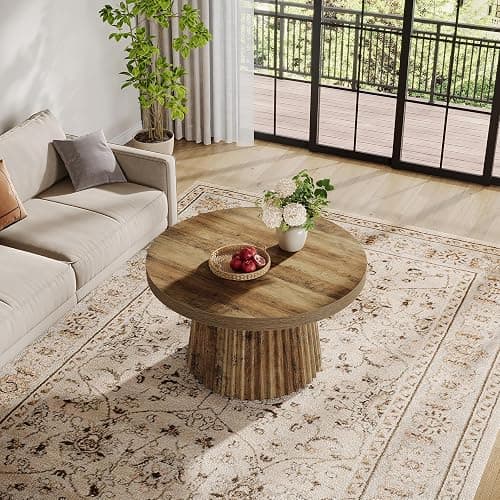 Tribesigns 31.5" Round Coffee Table, Modern Fluted Drum Coffee Tables for Living Room, Wood Farmhouse Boho Accent Pedestal Center Table for Apartment, Small Space, Brown thumbnail 8