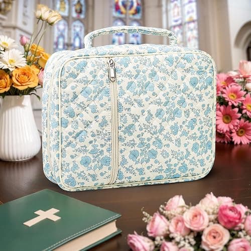 WOBAGMEN Bible Cover Case for Women,Large Bible Tote Bags Organizer Quilted Carrying Case for Girls,Bible Study Supplies Accessories Christian Gifts for Women (Blue Floral, L) thumbnail 2