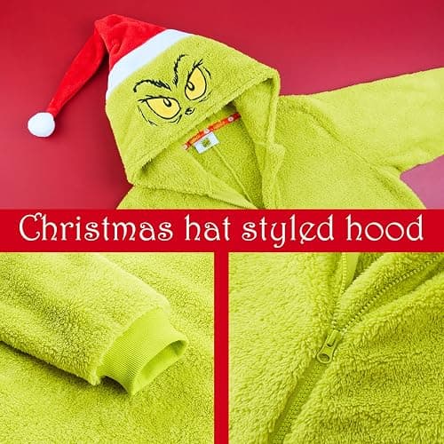 The Grinch One Piece Pajamas for Women, Fleece Jumpsuit With Santa Hat, for Kids, Teens, Adults thumbnail 5
