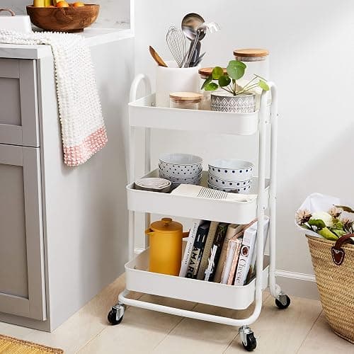 Amazon Basics 3-Tier Rolling Utility Cart, Storage Organizer, Lockable Wheels, Multifunctional Storage, Portable Mobile Shelving Unit, White thumbnail 2