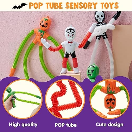 JOYIN 4 PCS Halloween Sensory Stretchy Toys, Stress Relief Telescopic Pop Tube Toys, Halloween Party Favors Children Gift, Frankenstein, Pumpkin, Skeleton, Kids Autisms thumbnail 5