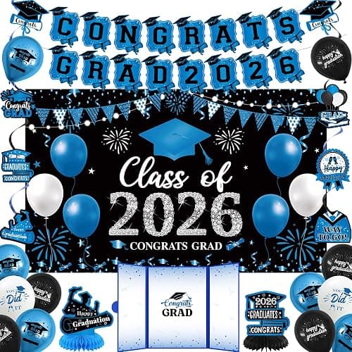 Vlipoeasn Blue 2026 Graduation Party Decorations 2026 College/High School Graduation Decorations Party Supplies, Class of 2026 Congrats Grad Backdrop Banner Signature Book - Image 1