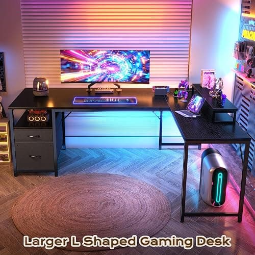 PRAISUN 55 Inch L Shaped Desk with Power Outlets and USB-C Port, Computer Corner Home Office Desk with File Fabric Drawers and Movable Monitor Stand, Larger Storage for Gaming, Work, Black thumbnail 9