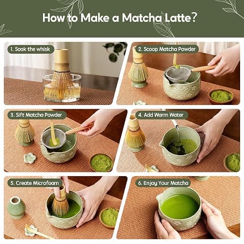 Veraelle Matcha Whisk Set, Ceramic Matcha Set, 6 Pcs Matcha Kit Includes Matcha Bowl, Matcha Whisk with Holder, Bamboo Scoop, Scoop Rest, Sifter, Ceremonial Matcha Tea Set, Perfect Gifts, Green thumbnail 7