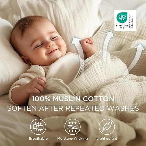 Bedsure 100% Cotton Muslin Blanket Queen Size for Bed - 4-Layer Breathable and Lightweight Thin Soft Summer Gauze Muslin Blankets for Adults, Linen Beige, 90x90 Inches thumbnail 3