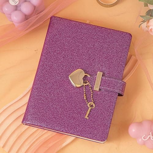 TIEFOSSI Diario con chiusura a cuore con chiave, diario in pelle PU glitterata viola B6 per scrivere, 144 fogli di carta a righe, regalo per ragazze e donne thumbnail 2