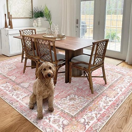 Castage 8'x10' Area Rugs Washable,Pink Rug for Living Room Bedroom Dining Room,Large Boho Vintage Bohemian Distressed Oriental Carpet Non Slip,Blush Floral Flowers thumbnail 4
