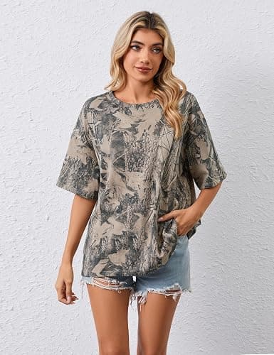 calbatic Camo Print Oversized T Shirts for Women Short Sleeve Graphic Print Crew Neck Baggy Shirts Cute Tunic Tee Tops thumbnail 4