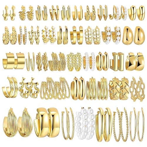 42 Pairs Gold Hoop Earrings Set for Women, Fashion Chunky Pearl Earrings Multipack Twisted Statement Earring Pack, Hypoallergenic Small Big Hoops Earrings for Birthday Party - Image 1