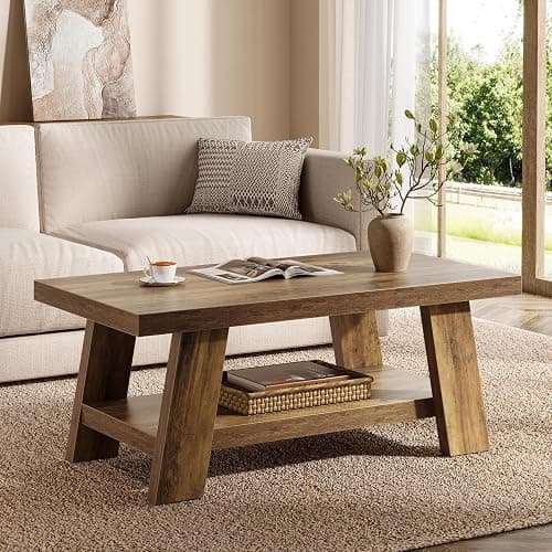 Tribesigns Farmhouse Coffee Tables for Living Room, 47.24" Rectangle Coffee Tables with Storage Shelves, Rustic Wooden Center Table for Apartment, Home Office (Rustic Brown) thumbnail 6