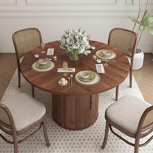 weselon 47 inch Round Dining Table for 4, Kitchen Table Dinner Table with 2-Layer Storage Shelf and Wood Slide Door for Home Dining Room Living Room (Walnut) thumbnail 3