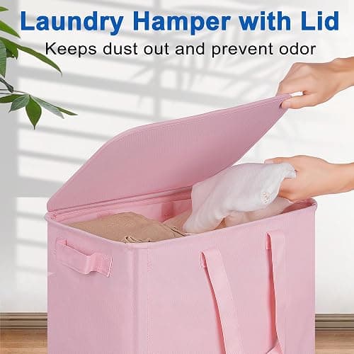 Vincona Slim Laundry Hamper with Lid and Wheels, Small Rolling Laundry Basket with Handle for Small Spaces, Tall Dirty Clothes Hampers for Dorm, Bathroom and Bedroom, 75L, Pink thumbnail 4