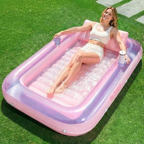 SLOOSH Inflatable Tanning Pool Lounger Float, 70" x 46" Pool Floats Adult with Pillow, 4 in 1 Suntan Tub Raft Floatie,Sunbathing Bed Lounge for Water Blow Up Ball Pit Party Gifts, L-Purple Pink - Image 1