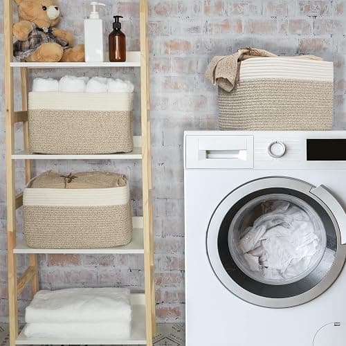 Cotton Rope storage Basket Bins Woven Basket for Organizing Shelves 15X10X9.3" Rectangle Decorative Baskets For storage Clothes Toys Books Towels Nursery basket organizer 3 pack white and brown thumbnail 6