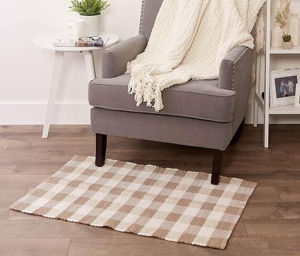 DII Buffalo Check Rug Collection, Hand Dyed Reversible Chindi Rug, 26x40, Stone/Cream thumbnail 2