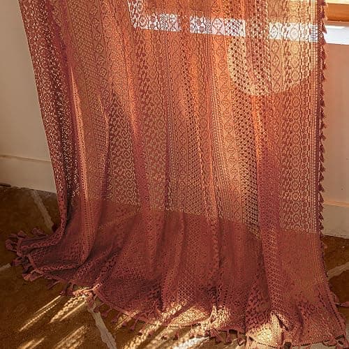 WAZZIO Burnt Orange Curtains Sheer 45 Inch Length Bedroom Short Small Cafe Rod Pocket Vintage Fall Privacy Let Light in Cotton Lace Boho 2 Panel, Terracotta thumbnail 5
