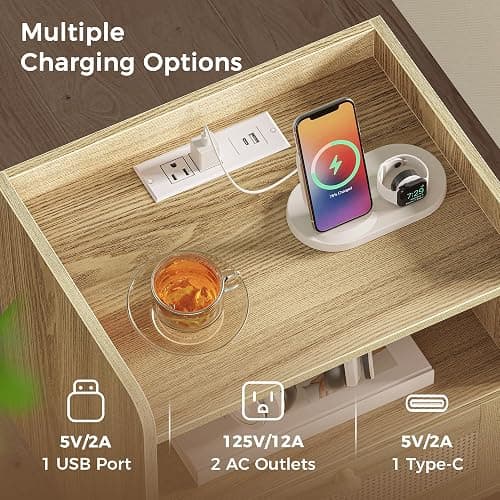 SUPERJARE Nightstands Set of 2, Night Stands with Charging Station & PE Rattan Decor Drawer, Bed Side Tables with Solid Wood Feet, End Table, for Bedroom, Living Room - Natural thumbnail 4