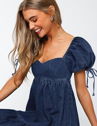 POTILI Denim Dress for Women Puff Short Sleeve Jean Dresses Sweetheart Neck Denim Mini Dress thumbnail 3