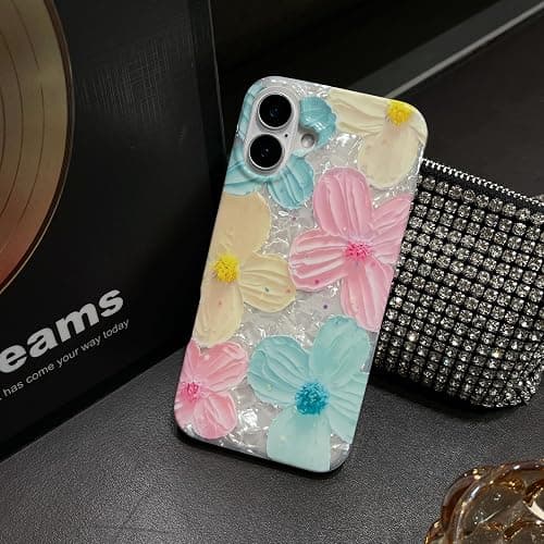 Jmltech for iPhone 16 Plus Case Girly Aesthetic Women Cute Floral Women Shockproof Flowers Oil Painting Flexible Silicone Phone Case for iPhone 16 Plus Mint Pink thumbnail 6