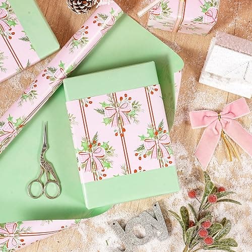 LeZakaa Christmas Wrapping Paper Roll, Pink Red Bow Berry Green Solid Color Design Holiday Gift Wrap for Kids Girls Women, Watercolor Style for Christmas Party Present, Mini Roll 17" x 16.4 ft thumbnail 2
