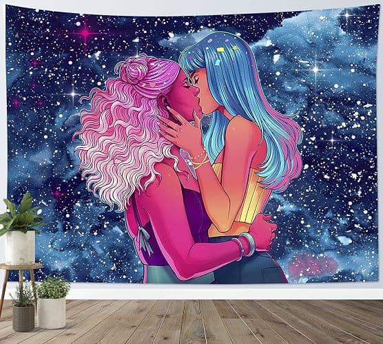 HVEST Lesbian Tapestry LGBT Girl Pride Love Rainbow Tapestries Wall Hanging Pretty Two Girls Kissing Tapestry Art Blanket for Living Room Bedroom Teen Dorm,80x60 Inches thumbnail 2