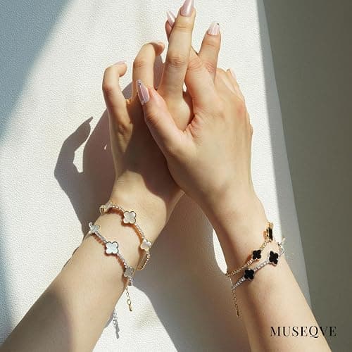 MUSEQVE Four Leaf Clover Bracelet for Women 14K Gold Plated White Mother of Pearl Onyx Black Clover Charm Tennis Bracelet Adjustable Chain Lucky Jewelry Gifts [CVBR] thumbnail 3