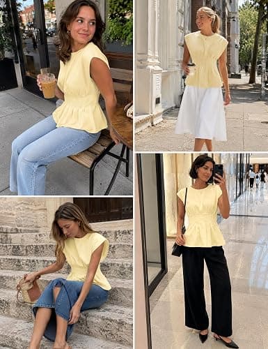 Yegthou Women's Peplum Tops Short Sleeve Summer Blouses T-Shirts Dressy Casual Crew Neck Pleated Babydoll Top for Work thumbnail 6