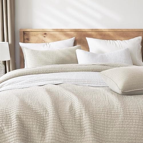 WDCOZY Beige Queen Size Quilt Set, Muslin Cotton Shell Down-Alt Poly Filling, Neutral Shabby Chic Rustic Farmhouse Country Bedspread, Textured Gauze Coverlet, Soft Lightweight Bedding, 2 Shams thumbnail 6
