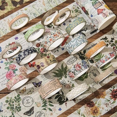 24 Rolls Vintage Washi Tape Set, Floral Letter Butterfly Mushroom Botanical Flower Writable Decorative Tapes for Scrapbooking , Junk Journal supplies, Bullet Journaling 5-75mm Wide 9.84ft long/Roll thumbnail 7