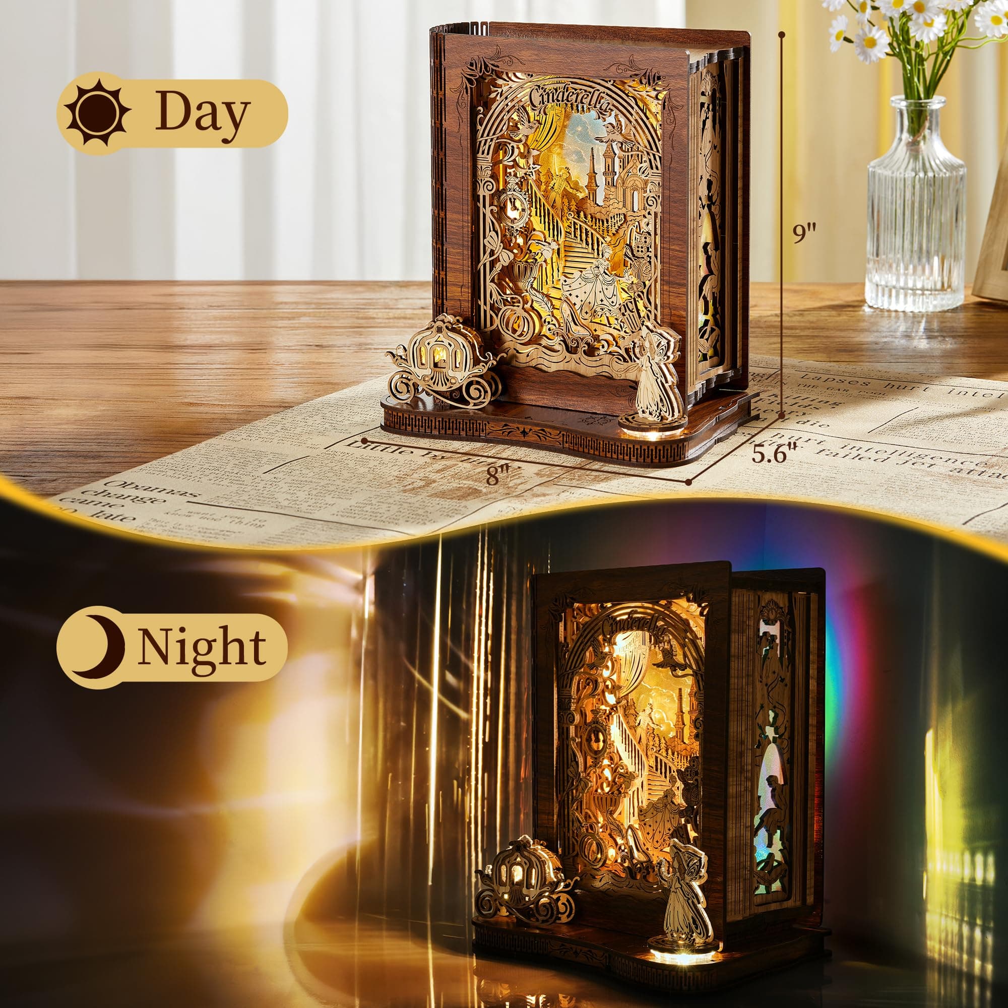 Cinderella LED 3D Wood Puzzle Nightlight – DIY Storybook Book – 3D Wood Puzzle Gifts, Home Décor for Kids and Adults thumbnail 6