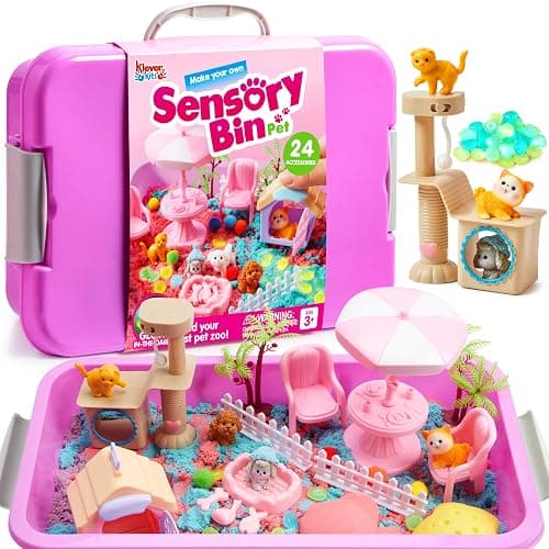 Klever Kits Cute Pet Sensory Bin for Toddlers with Glow in The Dark Stones, Sandbox with Lid Dual-Color Sand, Preschool Learning Activities Gifts for Boys Girls Age 3+ - Image 1