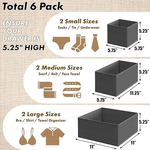 Simple Houseware Underwear Drawer Organizer for Lingerie/Undergarment/Bra/Panty/Sock/Onesie, Set of 6, Dark Gray thumbnail 3
