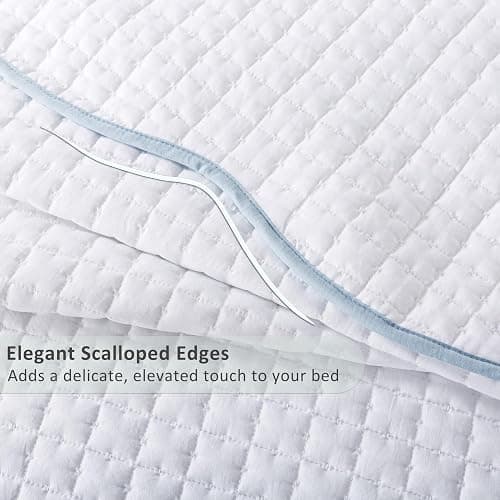 WDCOZY White Queen Size Quilt Bedding Set, Scalloped Farmhouse Country Rustic Lightweight Soft Coverlet, Cute Cozy Kantha Pick Stitch Bedspread, 2 Pillow Shams, Blue Edge White Stitching thumbnail 6