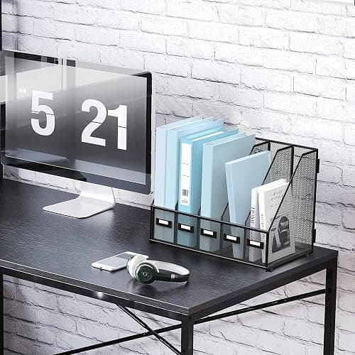 SUPEASY Desk Organizers Metal Desk Magazine File Holder with 5 Vertical Compartments Rack File Organizer for Office Desktop, Home Workspace, Black thumbnail 3
