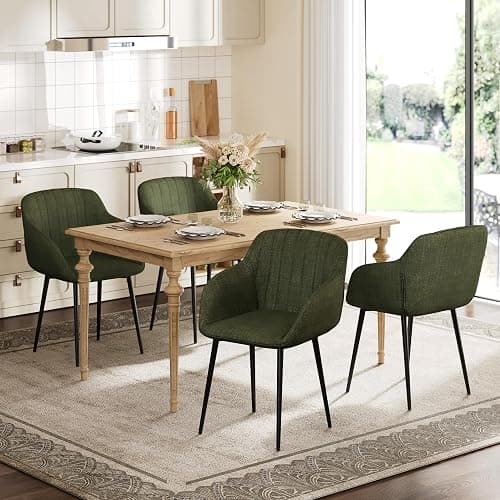 Goeurvant Esszimmerstühle 6er Set mit Armlehne, Polsterstuhl aus Leinen, Küchenstuhl mit Metallbeinen & verstellbaren Fußkappen, Moderne Armlehnenstuhl für Esszimmer, Wohnzimmer, Grasgrün thumbnail 2