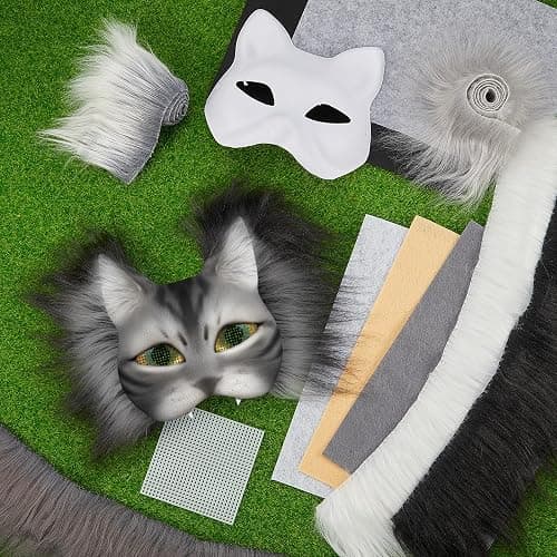 Seenelling DIY Therian Mask Kit Blank Cat Mask with Felt Fabric Sheet Plush Faux Fur Eye Mesh for Therian Gear Stuff thumbnail 5