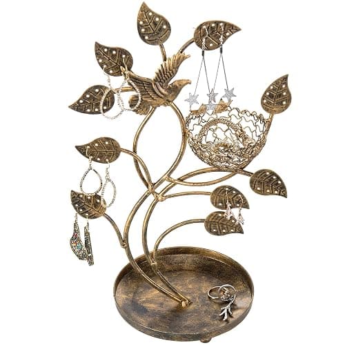 MyGift 14-Inch Bronze-Tone Tree & Bird Nest Earring Stand Jewelry Tower with Ring Trinket Organizing Tray - Image 1