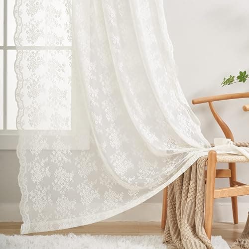 YJ YANJUN Vintage Lace Curtains 84 Inches Long-Romantic Flowers and Branch Sheer Lacy Curtains for Living Room French Door 1 Pair Rod Pocket, 52 x 84 Inch Ivory thumbnail 4