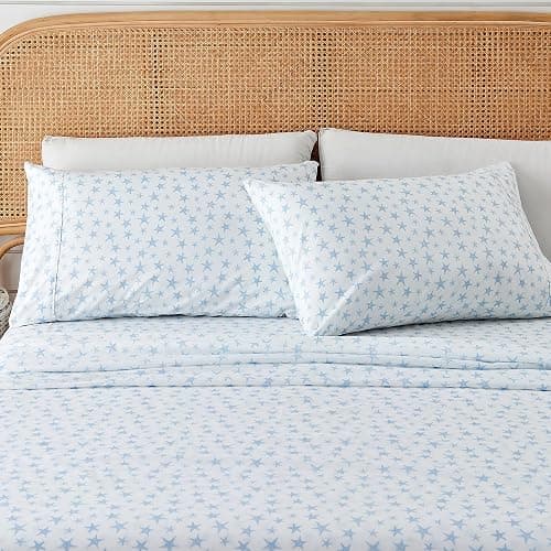 Great Bay Home Full Coastal Microfiber Sheet Set - 4-Piece Nautical-Printed, Ultra-Soft Sheets - Beach-Themed Bedding Sheets & Pillowcases (Starfish - Blue) - Image 1