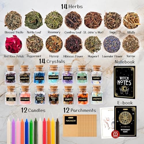 Wyspell Witchcraft Supplies Kit for Witch Altar 54PCS - Spell Candles for Witches - Crystals Spell Jars for Witches - Herbs for Spells - Beginner Witch Starter Box - Witchcraft Kit thumbnail 2