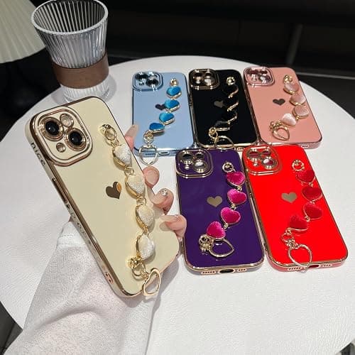 Caseative for iPhone 15 Case,Cute Plating Love Heart Wrist Strap Chain Bracelet Phone Case (Black) thumbnail 2
