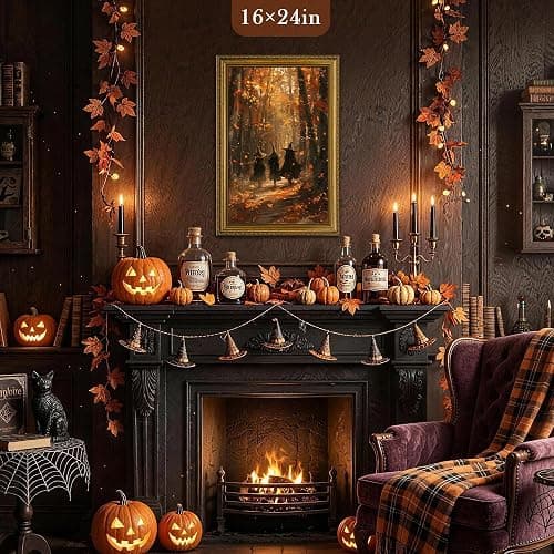 Halloween Vintage Gold Framed Canvas Wall Art, Autumn Forest Witch Wizards with Fall Leaves in Woodland, Easy to Hang Fade Resistant Print, Wall Decor for Bedroom Bathroom Living Room, 8x10 inches thumbnail 4