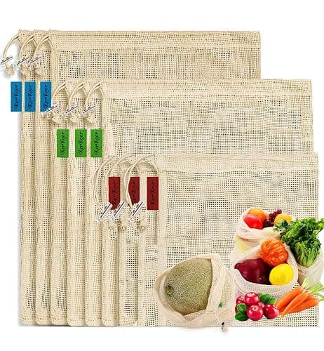 Reusable-Cotton-Mesh-Produce-shopping-Bags-Washable Eco Friendly Premium See Through Lightweight Net zero Bulk Bags for Veggie Fruit Vegetable Grocery Storage (9 Packs) - Image 1