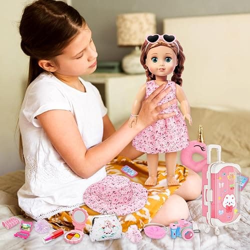 XFBB Doll Suitcase Travel Set, 18 inch Doll Clothes and Accessories - 28 Pcs Travel Pillow, Unicorn Bag, Sunglasses, Camera, Computer, Phone, Passport, Birthday Gift for Age 3 4 5 6 Year Old Girls thumbnail 2