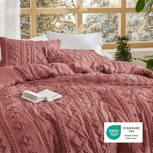 Bedsure Tufted Boho Comforter Set Queen Size - Grayish Pink Boho Bed Set, GentleSoft™ 3 Pieces Farmhouse Shabby Chic Embroidery Bedding, Gifts for Woman, Soft Jacquard Queen Comforter for All Seasons thumbnail 5